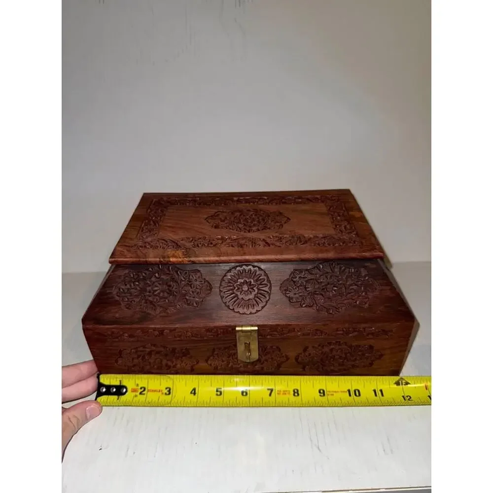 Vintage Hand-Carved Anglo-Indian Jewelry Box in Teak Wood with floral inlay